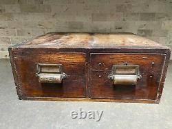 Vintage Wooden 2 Drawer Library Card Catalog Box Index File Cabinet