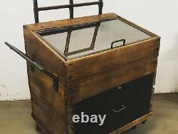 Vintage Wooden Display Cabinet with Large Drawer on Castors