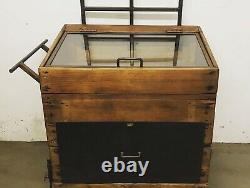 Vintage Wooden Display Cabinet with Large Drawer on Castors