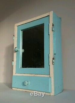 Vintage Wooden Medical Bathroom Cabinet retro cupboard white mirror blue chippy