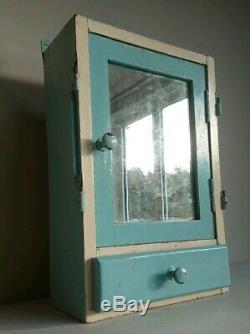 Vintage Wooden Medical Bathroom Cabinet retro cupboard white mirror blue chippy