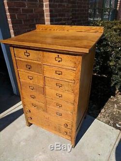 Vintage Wooden Slant Top Printers Cabinet 14 Drawer Buffet Hostess Check in