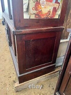 Vintage antique oak country store display cabinet 94 L x 25 D x 97 H 2 door