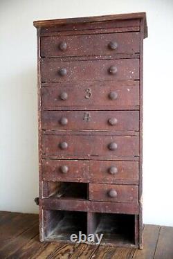 Vintage apothecary cabinet wood drawers hardware nut bolt bin storage tool box