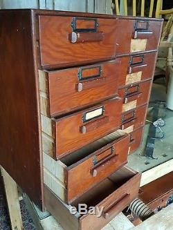 Vintage bank of wooden library index drawers draws storage desk retro