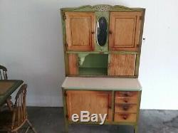 Vintage green stenciled drop leaf farm table & chairs with hoosier cabinet 1930