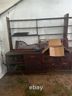 Vintage oak country store cabinet & shelving LARGE deep drawers 182/83/32 12