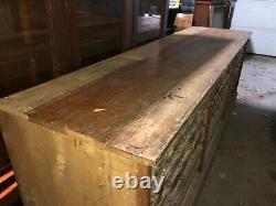 Vintage oak hardware store counter cabinet galvanized drawers 94 x 33h x 25.75