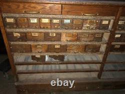Vintage oak hardware store counter cabinet galvanized drawers 94 x 33h x 25.75