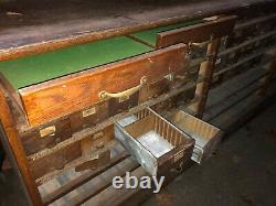 Vintage oak hardware store counter cabinet galvanized drawers 94 x 33h x 25.75