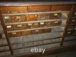 Vintage oak hardware store counter cabinet galvanized drawers 94 x 33h x 25.75