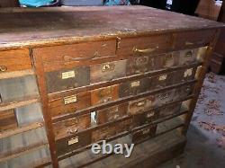 Vintage oak hardware store counter cabinet galvanized drawers 94 x 33h x 25.75