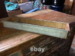 Vintage oak hardware store counter cabinet galvanized drawers 94 x 33h x 25.75