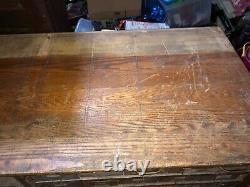 Vintage oak hardware store counter cabinet galvanized drawers 94 x 33h x 25.75