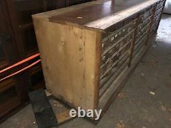 Vintage oak hardware store counter cabinet galvanized drawers 94 x 33h x 25.75