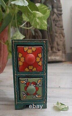 Vintage wooden painted cabinet 2 ceramic drawer indian furniture home folk decor