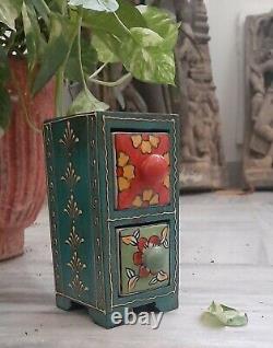 Vintage wooden painted cabinet 2 ceramic drawer indian furniture home folk decor