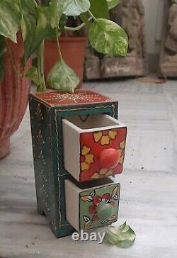 Vintage wooden painted cabinet 2 ceramic drawer indian furniture home folk decor