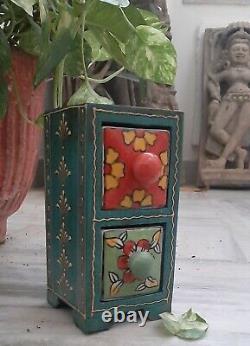 Vintage wooden painted cabinet 2 ceramic drawer indian furniture home folk decor