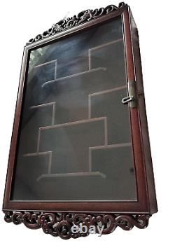 Vtg/Antique Handcarved Rosewood Double Dragon Glass Wall Curio Cabinet with Glass