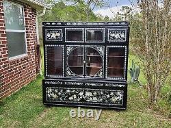 Vtg Asian Korean Black Lacquer Mother Of Pearl Abalone Curio Cabinet Two Piece