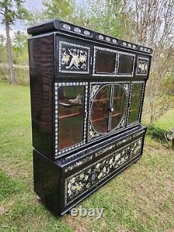 Vtg Asian Korean Black Lacquer Mother Of Pearl Abalone Curio Cabinet Two Piece