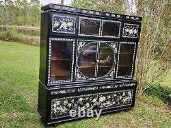 Vtg Asian Korean Black Lacquer Mother Of Pearl Abalone Curio Cabinet Two Piece