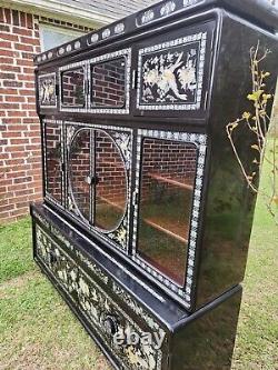 Vtg Asian Korean Black Lacquer Mother Of Pearl Abalone Curio Cabinet Two Piece