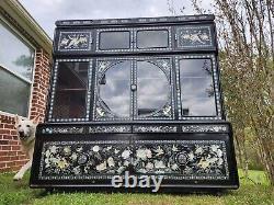 Vtg Asian Korean Black Lacquer Mother Of Pearl Abalone Curio Cabinet Two Piece