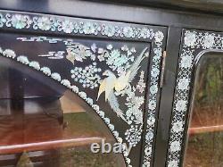 Vtg Asian Korean Black Lacquer Mother Of Pearl Abalone Curio Cabinet Two Piece