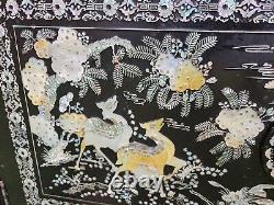 Vtg Asian Korean Black Lacquer Mother Of Pearl Abalone Curio Cabinet Two Piece