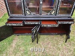 Vtg Asian Korean Black Lacquer Mother Of Pearl Abalone Curio Cabinet Two Piece