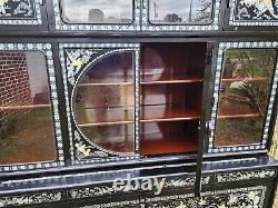 Vtg Asian Korean Black Lacquer Mother Of Pearl Abalone Curio Cabinet Two Piece