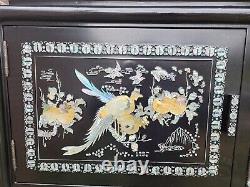 Vtg Asian Korean Black Lacquer Mother Of Pearl Abalone Curio Cabinet Two Piece