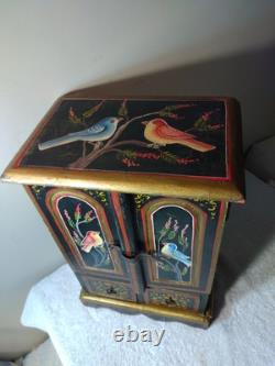 Vtg Fine Hd/Ptd Jewelry Wedding Wood Cabinet 14 Ptd Birds A/O 4 Drawers 15 T