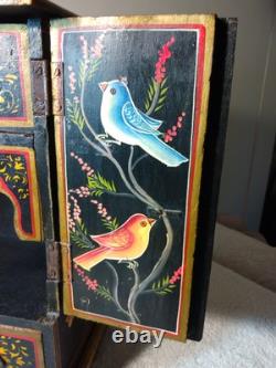 Vtg Fine Hd/Ptd Jewelry Wedding Wood Cabinet 14 Ptd Birds A/O 4 Drawers 15 T