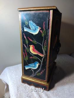 Vtg Fine Hd/Ptd Jewelry Wedding Wood Cabinet 14 Ptd Birds A/O 4 Drawers 15 T