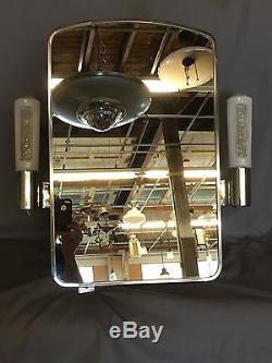 Vtg Mid Century Art Deco Medicine Cabinet Chrome Sconce Glass Shades 570-17E