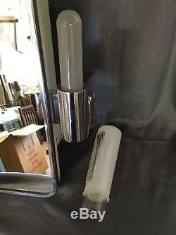 Vtg Mid Century Art Deco Medicine Cabinet Chrome Sconce Glass Shades 570-17E