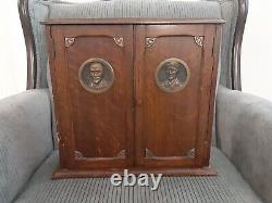 Vtg Mystery Cabinet with3 Brass Military Medallions & 3 Round Cut Spaces Inside