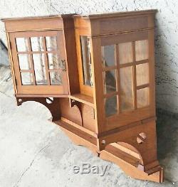 Vtg Oak Wall Hanging Cabinet Curio China Cupboard Beveled Glass Arts & Crafts