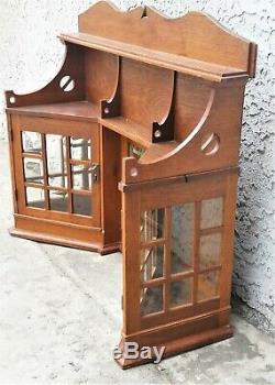 Vtg Oak Wall Hanging Cabinet Curio China Cupboard Beveled Glass Arts & Crafts