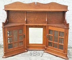 Vtg Oak Wall Hanging Cabinet Curio China Cupboard Beveled Glass Arts & Crafts