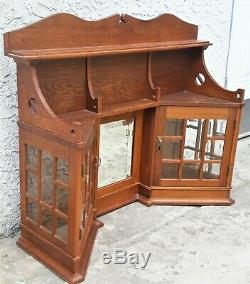 Vtg Oak Wall Hanging Cabinet Curio China Cupboard Beveled Glass Arts & Crafts