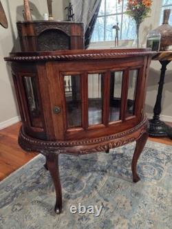 Vtg Oval Vitrine Display Cabinet Queen Anne Style Solid Mahogany Beveled Glass