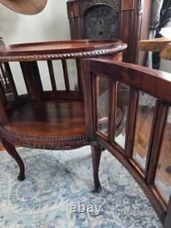 Vtg Oval Vitrine Display Cabinet Queen Anne Style Solid Mahogany Beveled Glass