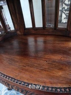 Vtg Oval Vitrine Display Cabinet Queen Anne Style Solid Mahogany Beveled Glass