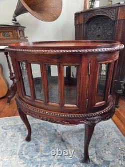 Vtg Oval Vitrine Display Cabinet Queen Anne Style Solid Mahogany Beveled Glass