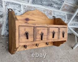 Vtg Primitive Rustic Wood 4 Drawer Spice Hardware Wall Cabinet Forged Hooks Pull