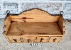 Vtg Primitive Rustic Wood 4 Drawer Spice Hardware Wall Cabinet Forged Hooks Pull